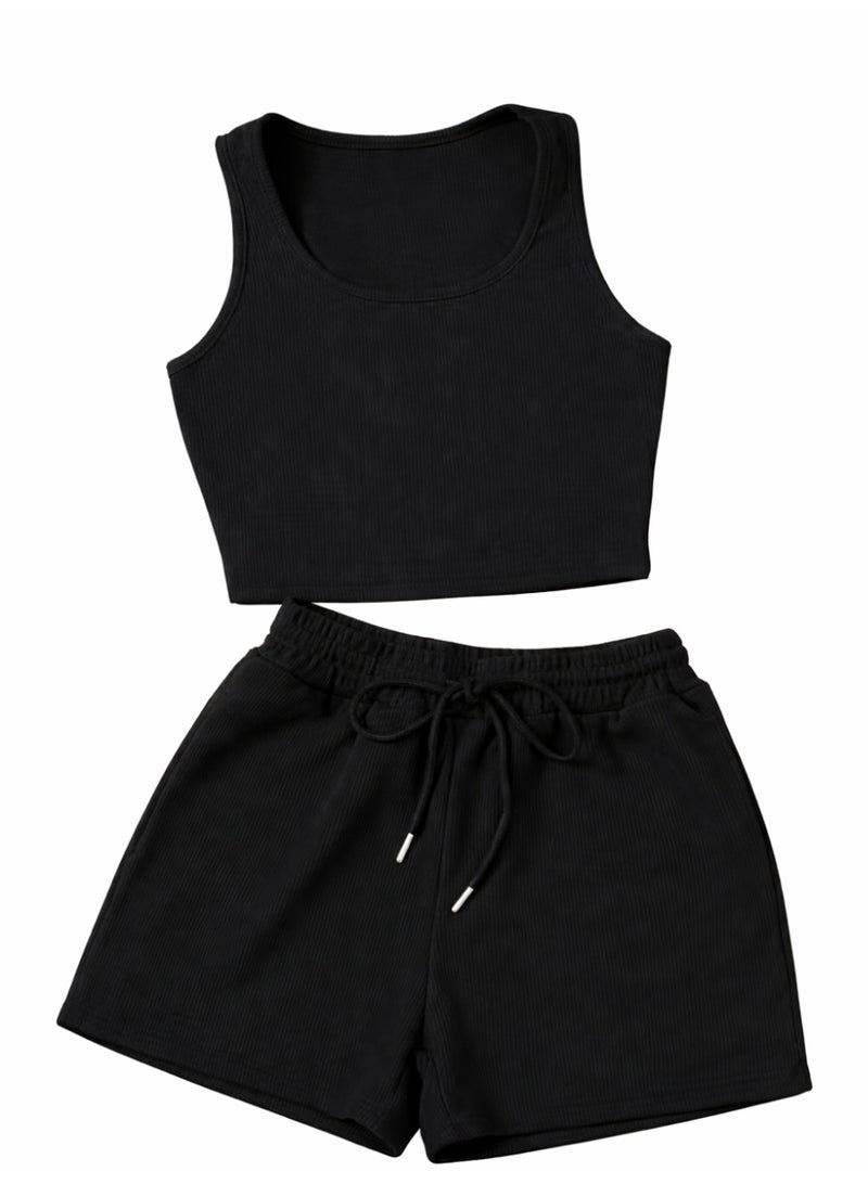 Nileton Women’s Ribbed Crop Tank Top and High-Waisted Shorts Set Casual Lounge and Workout Wear - Scoop Neck Top and drawstring shorts set For women - Image 1